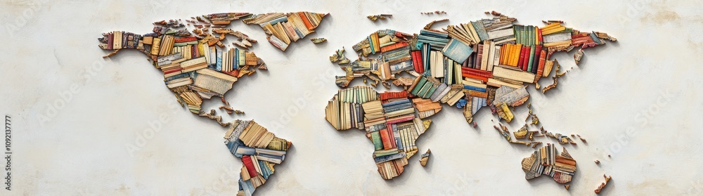 Aufkleber a world map creatively composed of colorful books, symbolizing knowledge and education.