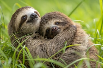 Fototapeta premium portrait of a baby sloth with his mother