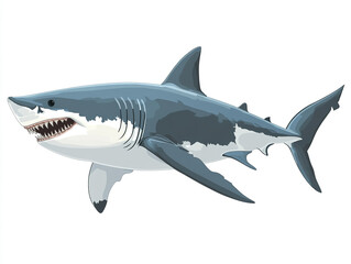 Illustration of a large blue and white shark is swimming in the ocean. Isolated on white background.  