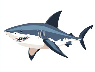 Fototapeta premium Illustration of a large blue and white shark is swimming in the ocean. Isolated on white background. 