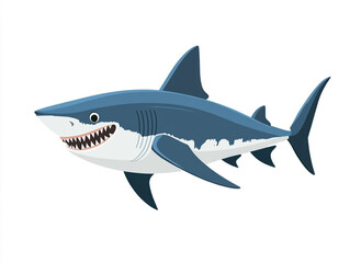 Illustration of a large blue and white shark is swimming in the ocean. Isolated on white background.  