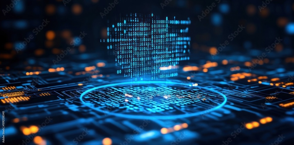Poster A digital representation of data and technology with glowing circuits and binary code.