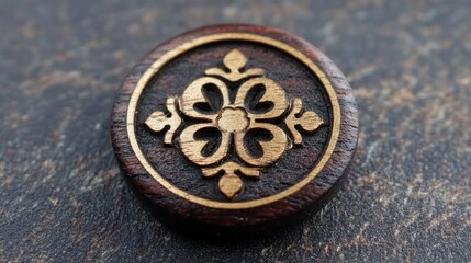 A close-up of a round wooden button with a gold floral design.