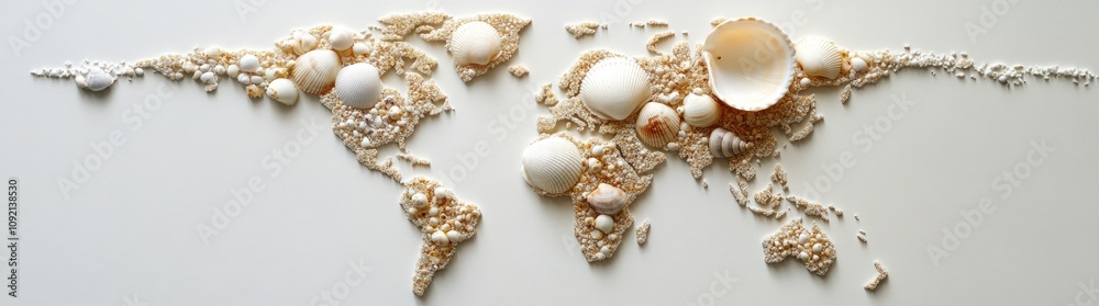Poster a creative representation of a world map made from seashells and pearls.
