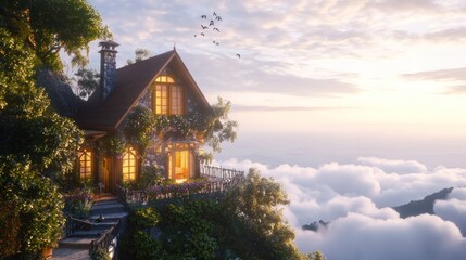 A charming cottage nestled on a mountaintop with stunning views of a sea of clouds at sunset.