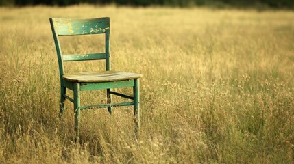 Fototapeta premium A weathered green wooden chair stands alone in a field of tall grass.