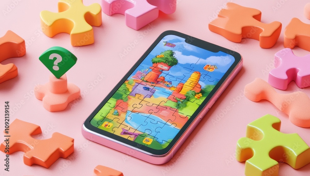 Poster A smartphone displaying a colorful puzzle game surrounded by puzzle pieces.