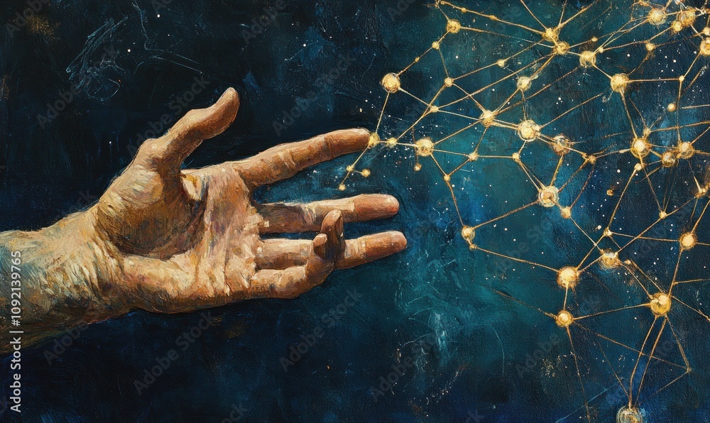 Aufkleber A hand reaching toward a network of interconnected nodes, symbolizing connection and innovation.