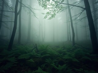 Naklejka premium Dense fog obscures forest floor hidden beneath ferns and moss, dark forest, foggy forest floor
