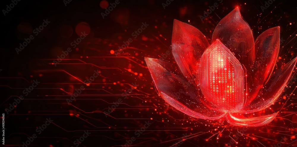 Poster a glowing red lotus flower with digital elements, symbolizing technology and innovation.