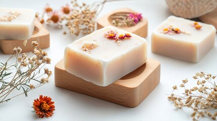 Handmade Natural Soap with Dried Flowers and Wood Display, Perfect for Eco-Friendly Lifestyle or Spa Settings, Aesthetic Bathroom Decor and Self-Care Essentials