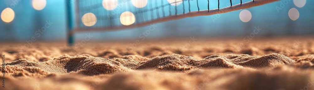 Poster a close-up view of a sandy volleyball court with a net, emphasizing a sports setting.