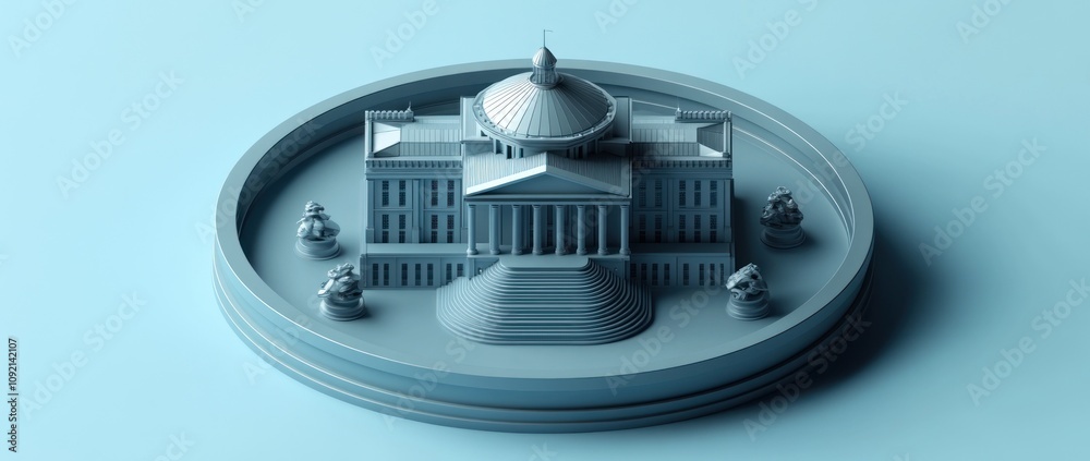Poster a monochromatic architectural model of a grand building with steps and sculptures.