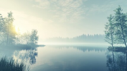 Fototapeta premium A tranquil misty morning scene over a serene lake with sun rays filtering through the clouds and reflecting on the still water.