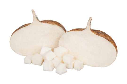 A jicama cut in half and some diced jicama isolated transparent