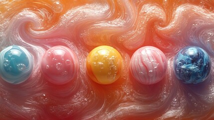 Colorful marbles in a bubbly, swirling background create a playful and vibrant aesthetic.