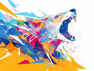 Obraz premium Abstract colorful wolf head roaring, vibrant geometric shapes.