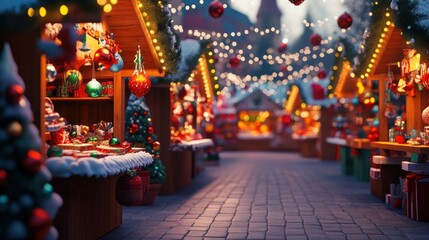 A festive Christmas market with wooden stalls, twinkling lights, and festive decorations.