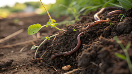 Earthworms burrowing in rich garden soil, surrounded by small plant roots.png