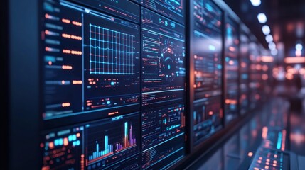 Obraz premium Multiple screens with digital data and charts in a dark futuristic setting.