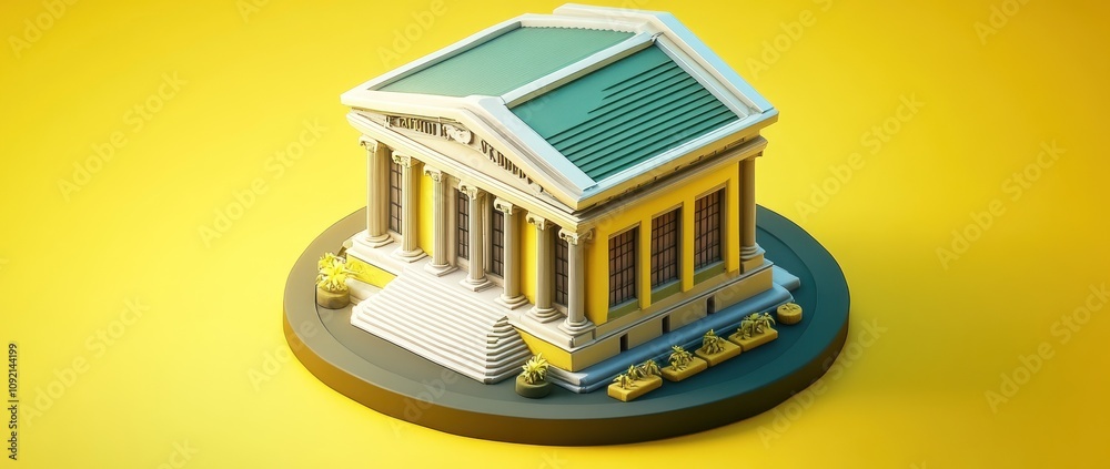 Poster A 3D model of a classical building with columns and a green roof on a circular base.