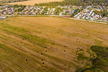 Aerial view of agricultural field near rural settlement