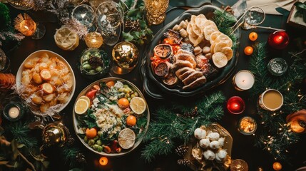 A festive table setting with a variety of food, decorations, and candles.