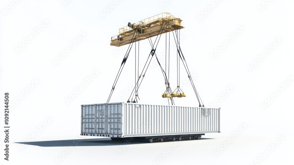 Poster a crane lifting a shipping container for transport or loading purposes.