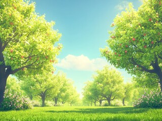 Obraz premium Lush orchard scene with vibrant trees and bright sky.