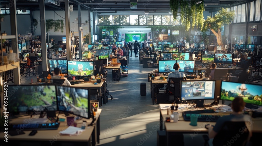 Poster a vibrant office filled with people working on computers in a gaming environment.
