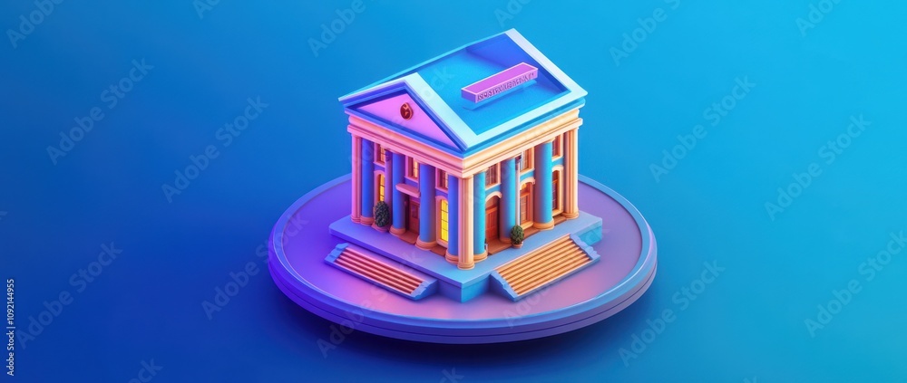 Poster A colorful 3D model of a classical building with columns and a triangular roof.