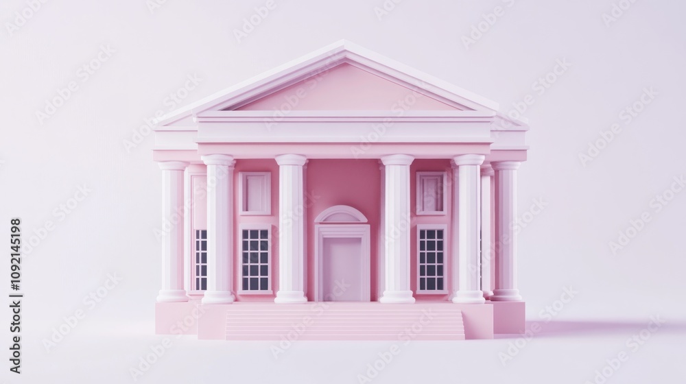 Poster a stylized pink neoclassical building with columns and a pediment.