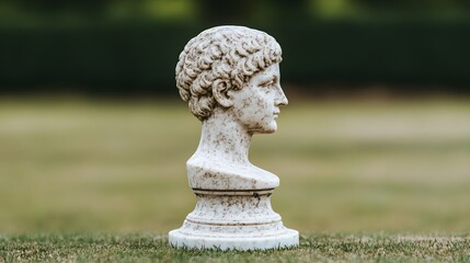 Artistic marble bust sculpture outdoor garden decorative object natural setting close-up view classic aesthetics for home decor