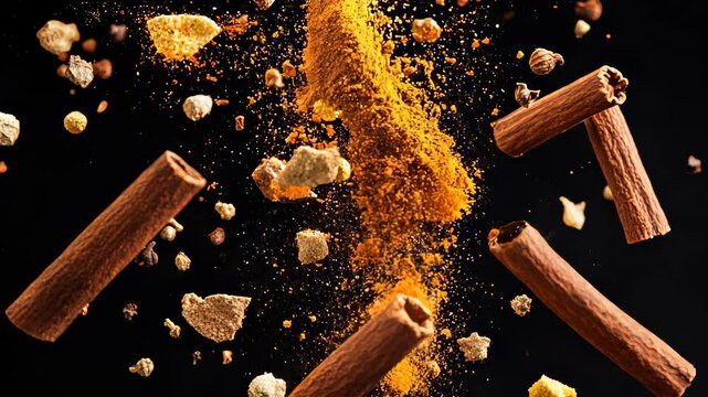Super Slow Motion Shot of Falling Spices and Powders with Floating Cinnamon Sticks on Black Background