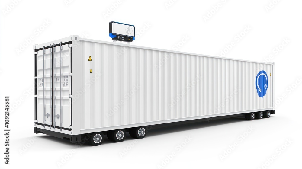 Poster A large shipping container with a monitoring device on top, designed for logistics and transport.