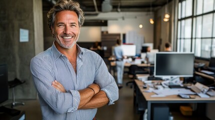 Fototapeta premium Man in modern office, smiling with arms crossed, open workspace, natural light, confident and professional atmosphere