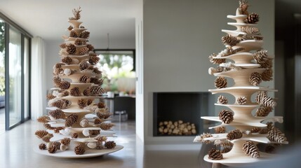 Two modern wooden Christmas trees decorated with pine cones in a contemporary living room.