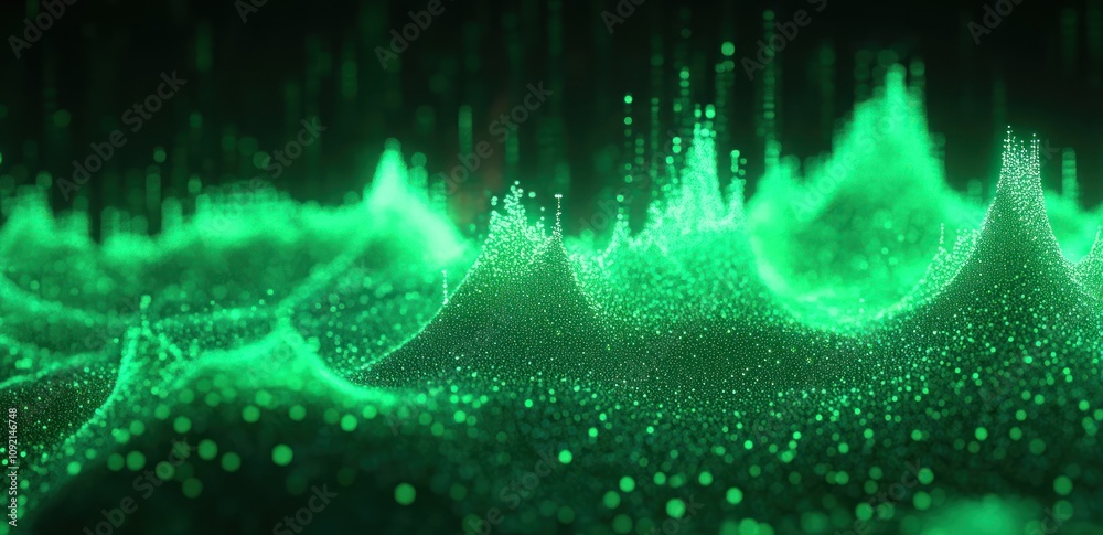 Poster abstract visualization of sound waves represented in vibrant green hues.