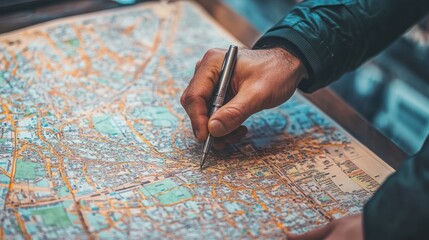 Naklejka premium A man's hand tracing a route on a city map with a pen.