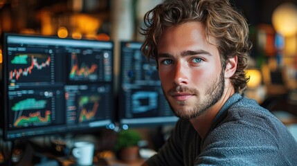Obraz premium A young entrepreneur focuses intently on multiple screens displaying real-time dollar exchange rate data in a vibrant, contemporary office setting