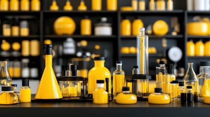 Fototapeta premium Yellow Chemistry Lab Equipment and Bottles on Black Shelves