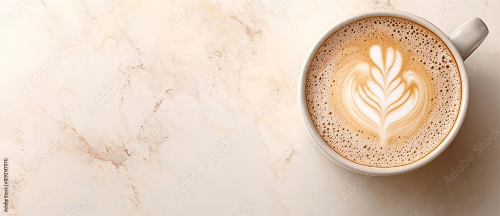 Poster a beautifully crafted latte with a heart-shaped foam design on a marble surface.