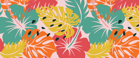 tropical leaf and hand drawn summer flowers seamles pattern background © Ferdi Vector