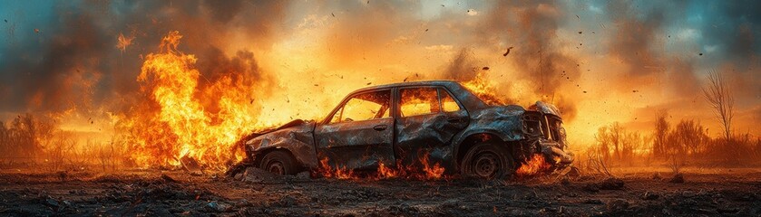 Surreal car crash scene urban landscape digital art chaotic environment dramatic viewpoint blurring reality and perception