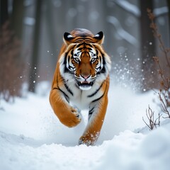 Obraz premium Majestic Tiger Charging Through the Snow