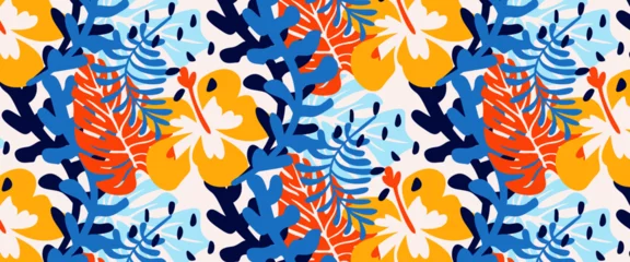 Acrylglasbilder Muster tropical leaf and hand drawn summer flowers seamles pattern background  © Ferdi Vector