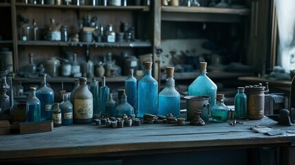 Antique Glass Bottles and Jars in a Vintage Laboratory Setting