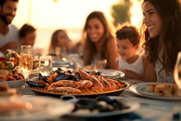 A festive outdoor dinner featuring seafood paella and joyful people enjoying a meal together.