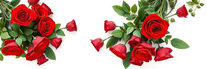 Fototapeta premium Elegant bouquet of red roses with greenery and foliage on a pure white background, foliage, elegant red roses, luxurious feel
