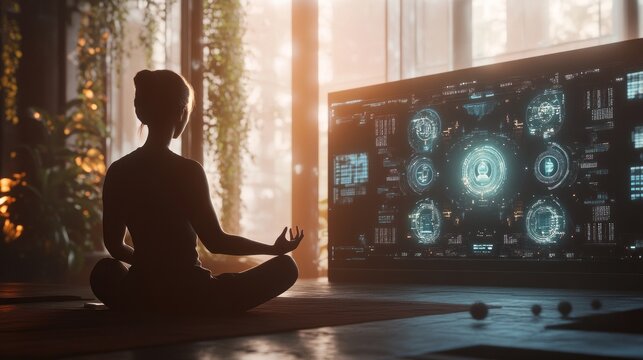 Woman meditating in front of a large screen with futuristic digital interface.